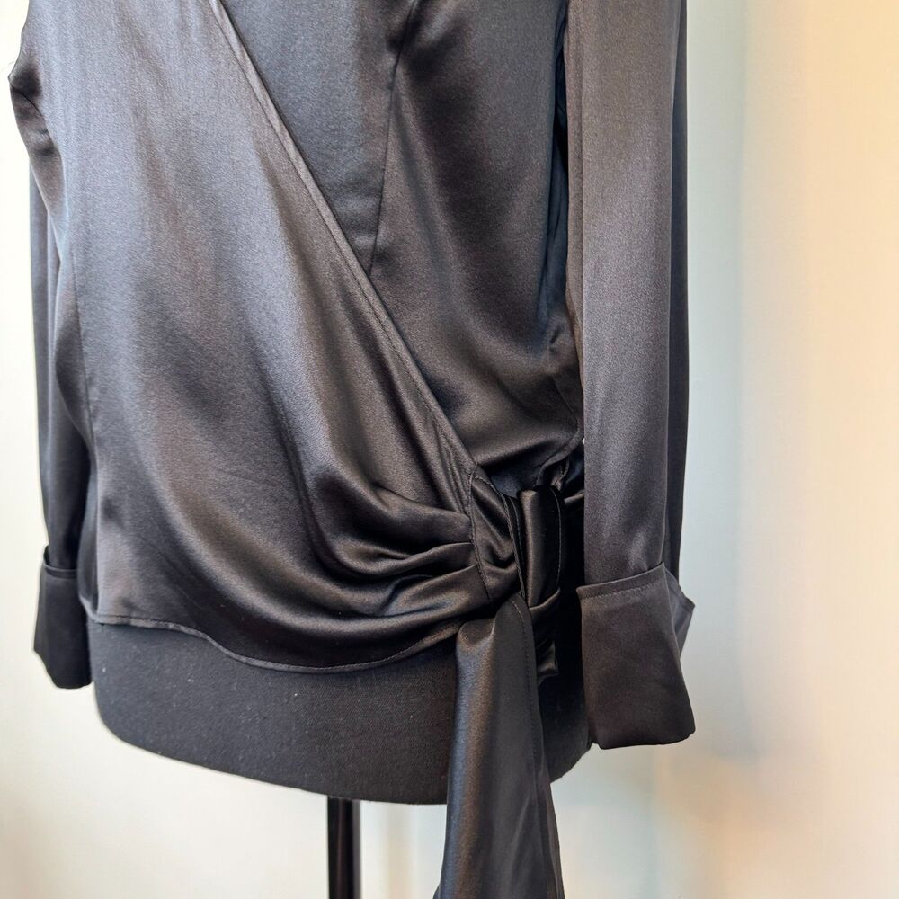 Escada 100% Silk Black Wrap Around Blouse with Crystal Button Cuff Size 8 - Picture 3 of 7